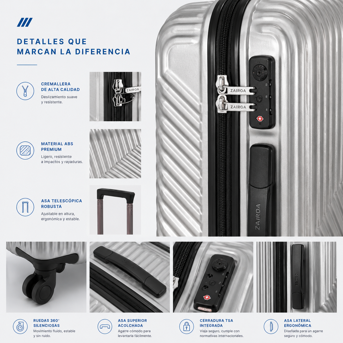 Gris · Detalles de la maleta de cabina ZAIROA: cremallera, asa telescópica, ruedas 360° y cerradura TSA