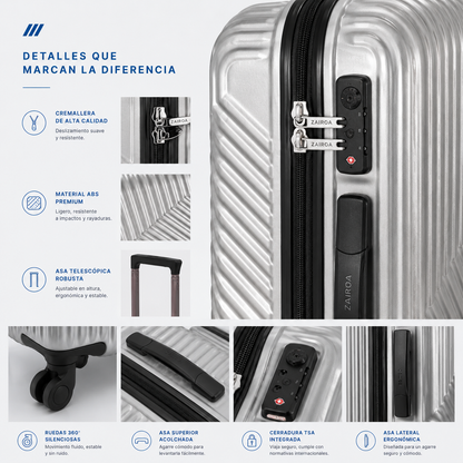 Gris · Detalles de la maleta de cabina ZAIROA: cremallera, asa telescópica, ruedas 360° y cerradura TSA