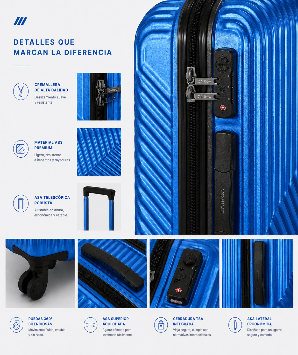 Azul · Detalles de la maleta de cabina ZAIROA: cremallera, asa telescópica, ruedas 360° y cerradura TSA