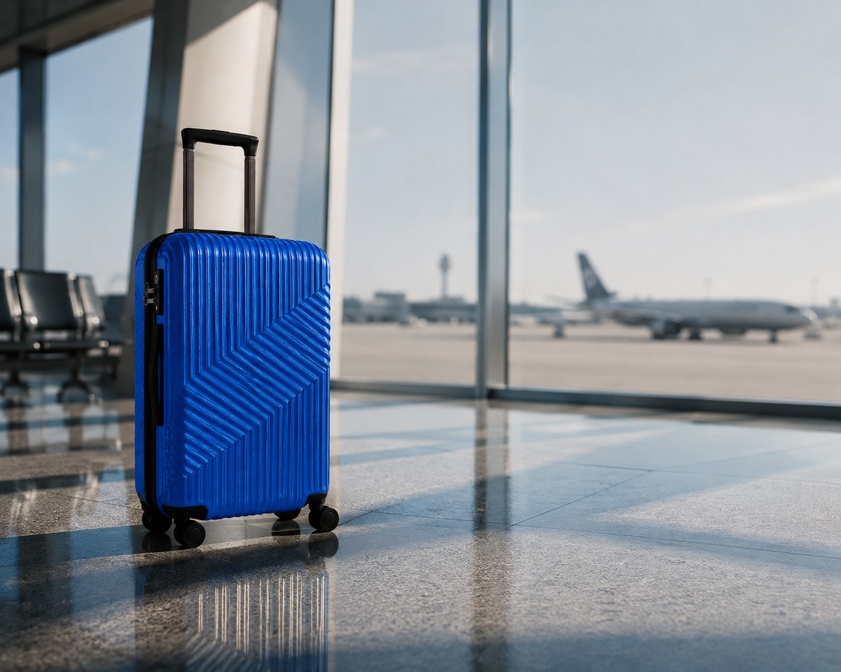 Azul · Maleta de cabina ZAIROA ante el ventanal, con los aviones al fondo
