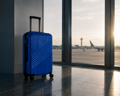 Azul · Maleta de cabina ZAIROA en la terminal al atardecer