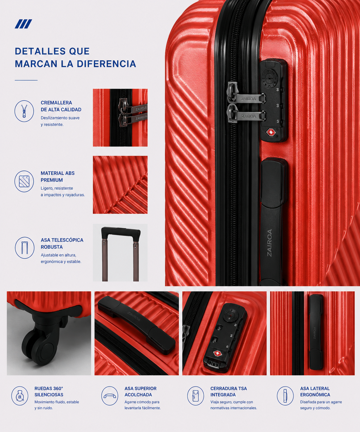 Rojo · Detalles de la maleta de cabina ZAIROA: cremallera, asa telescópica, ruedas 360° y cerradura TSA