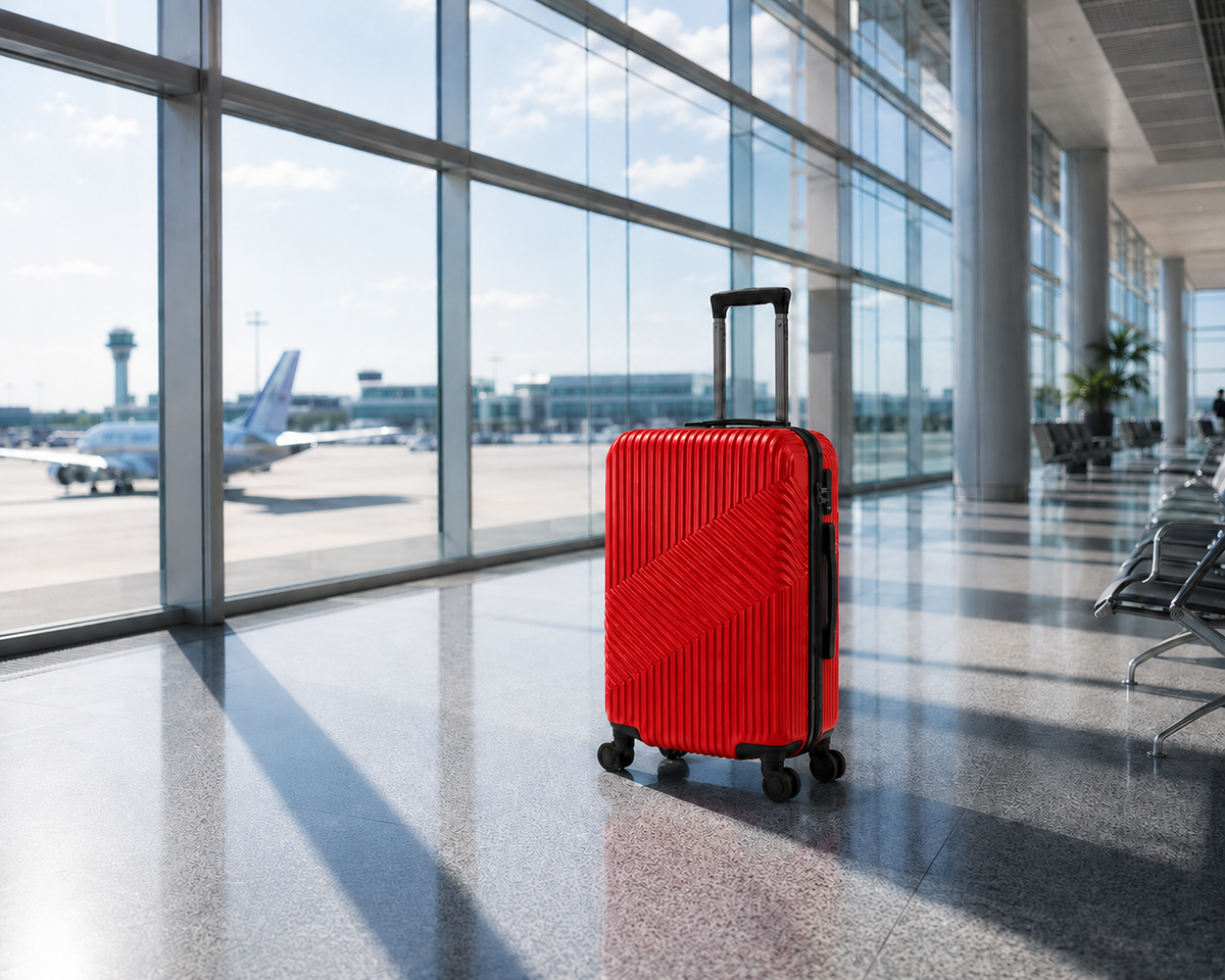 Rojo · Maleta de cabina ZAIROA ante el ventanal, con los aviones al fondo