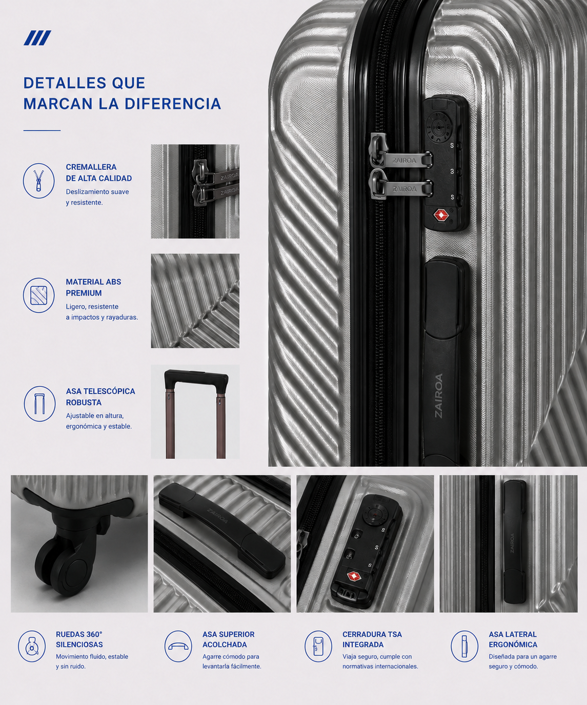 Plateado · Detalles de la maleta de cabina ZAIROA: cremallera, asa telescópica, ruedas 360° y cerradura TSA