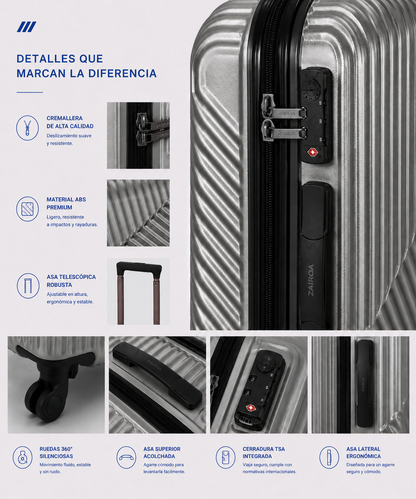 Plateado · Detalles de la maleta de cabina ZAIROA: cremallera, asa telescópica, ruedas 360° y cerradura TSA