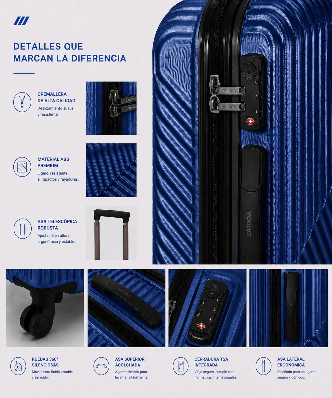 Marino · Detalles de la maleta de cabina ZAIROA: cremallera, asa telescópica, ruedas 360° y cerradura TSA