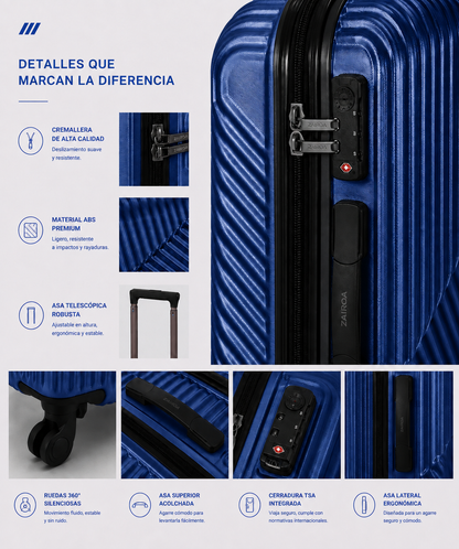 Marino · Detalles de la maleta de cabina ZAIROA: cremallera, asa telescópica, ruedas 360° y cerradura TSA