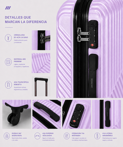 Rosa claro · Detalles de la maleta de cabina ZAIROA: cremallera, asa telescópica, ruedas 360° y cerradura TSA