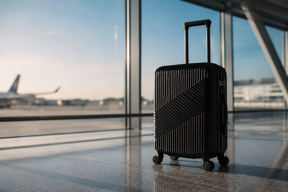 Negro · Maleta de cabina ZAIROA en la terminal al atardecer
