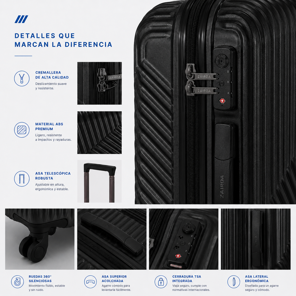 Negro · Detalles de la maleta de cabina ZAIROA: cremallera, asa telescópica, ruedas 360° y cerradura TSA