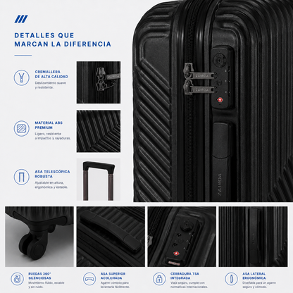 Negro · Detalles de la maleta de cabina ZAIROA: cremallera, asa telescópica, ruedas 360° y cerradura TSA