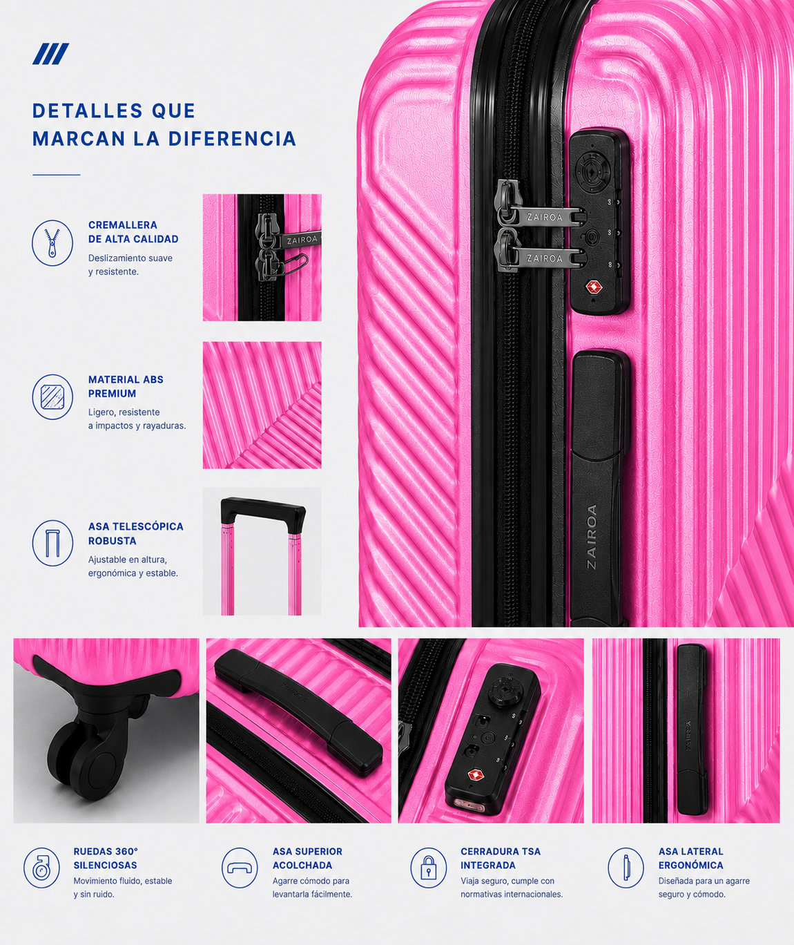 Fuchsia · Detalles de la maleta de cabina ZAIROA: cremallera, asa telescópica, ruedas 360° y cerradura TSA