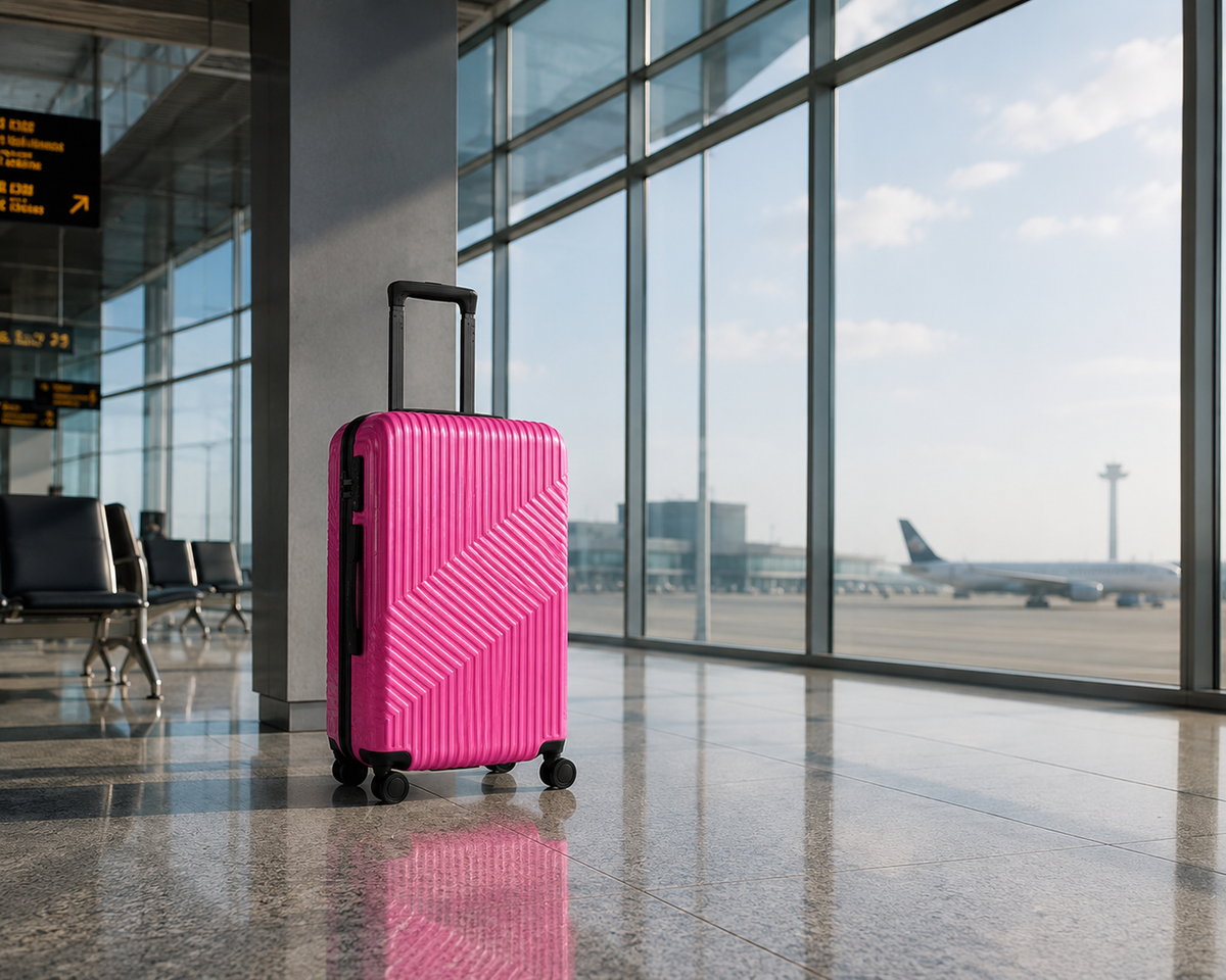 Fuchsia · Maleta de cabina ZAIROA ante el ventanal, con los aviones al fondo