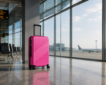 Fuchsia · Maleta de cabina ZAIROA ante el ventanal, con los aviones al fondo