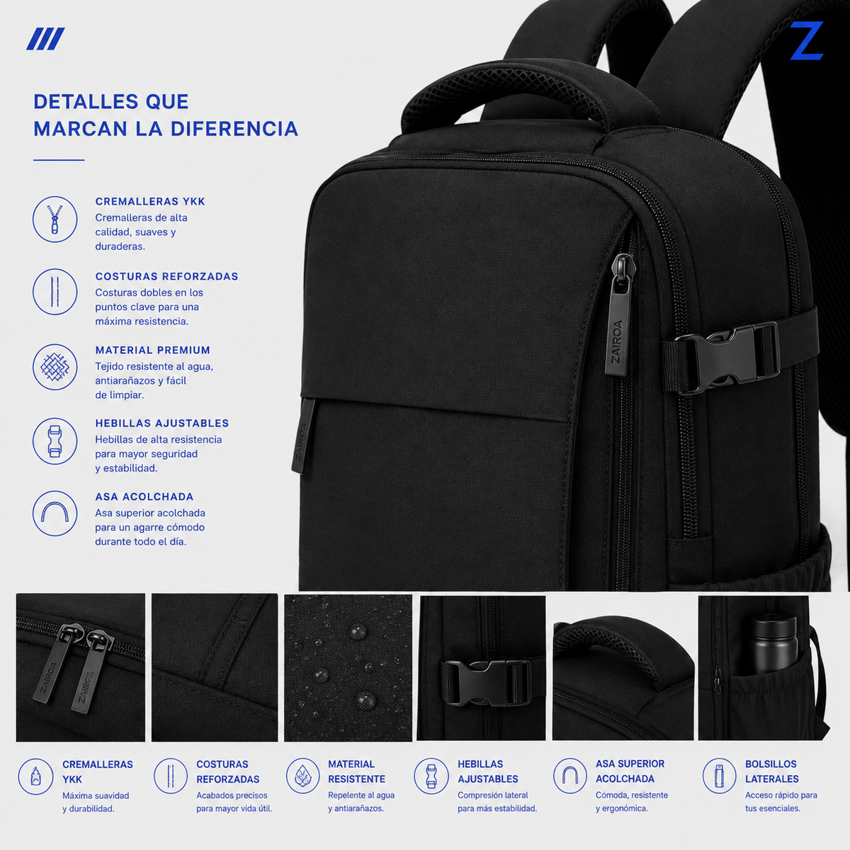 Negro · Detalles de la mochila de viaje ZAIROA: cremalleras YKK, costuras reforzadas, hebillas ajustables y asa acolchada