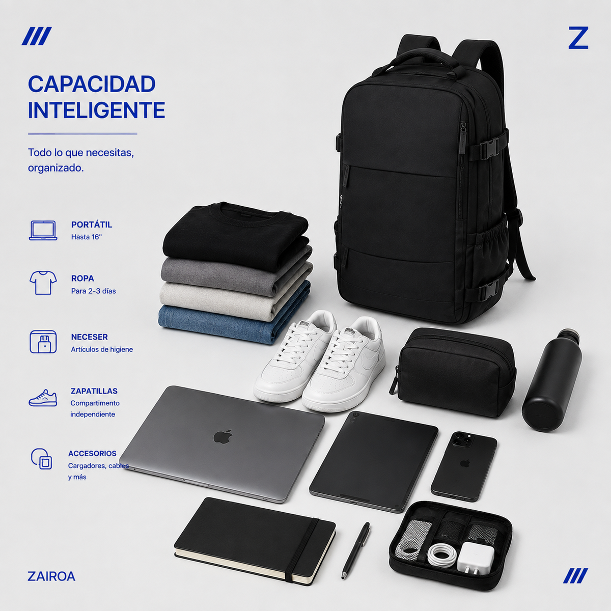 Negro · Capacidad de la mochila de viaje ZAIROA: portátil, ropa, neceser, zapatillas y accesorios