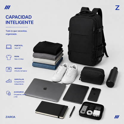 Negro · Capacidad de la mochila de viaje ZAIROA: portátil, ropa, neceser, zapatillas y accesorios