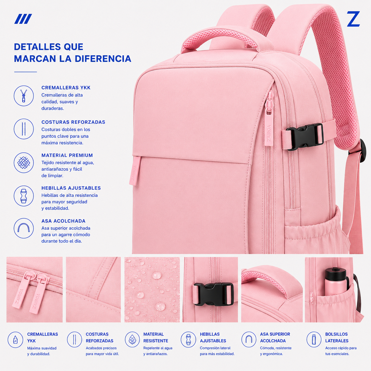 Rosa · Detalles de la mochila de viaje ZAIROA: cremalleras YKK, costuras reforzadas, hebillas ajustables y asa acolchada