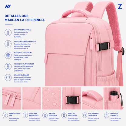 Rosa · Detalles de la mochila de viaje ZAIROA: cremalleras YKK, costuras reforzadas, hebillas ajustables y asa acolchada