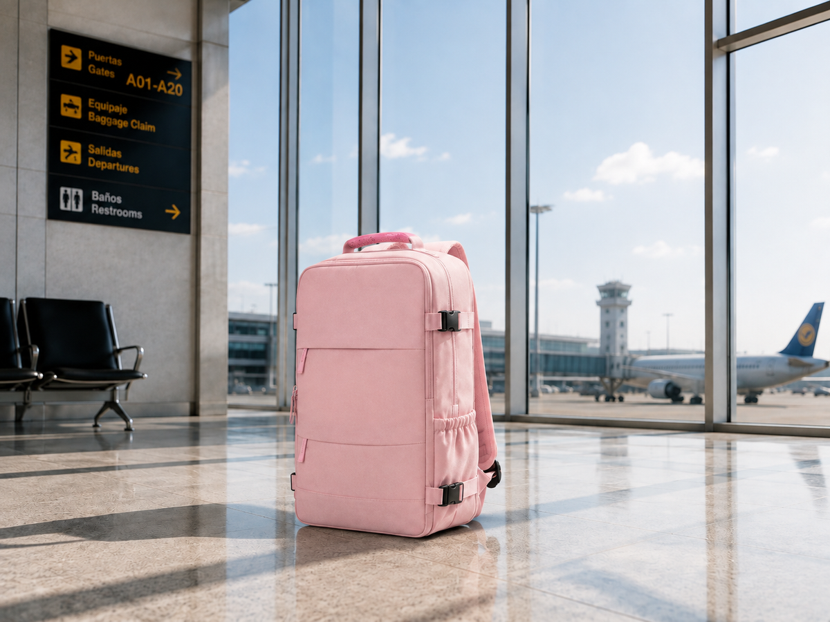 Rosa · Mochila de viaje ZAIROA en la terminal del aeropuerto
