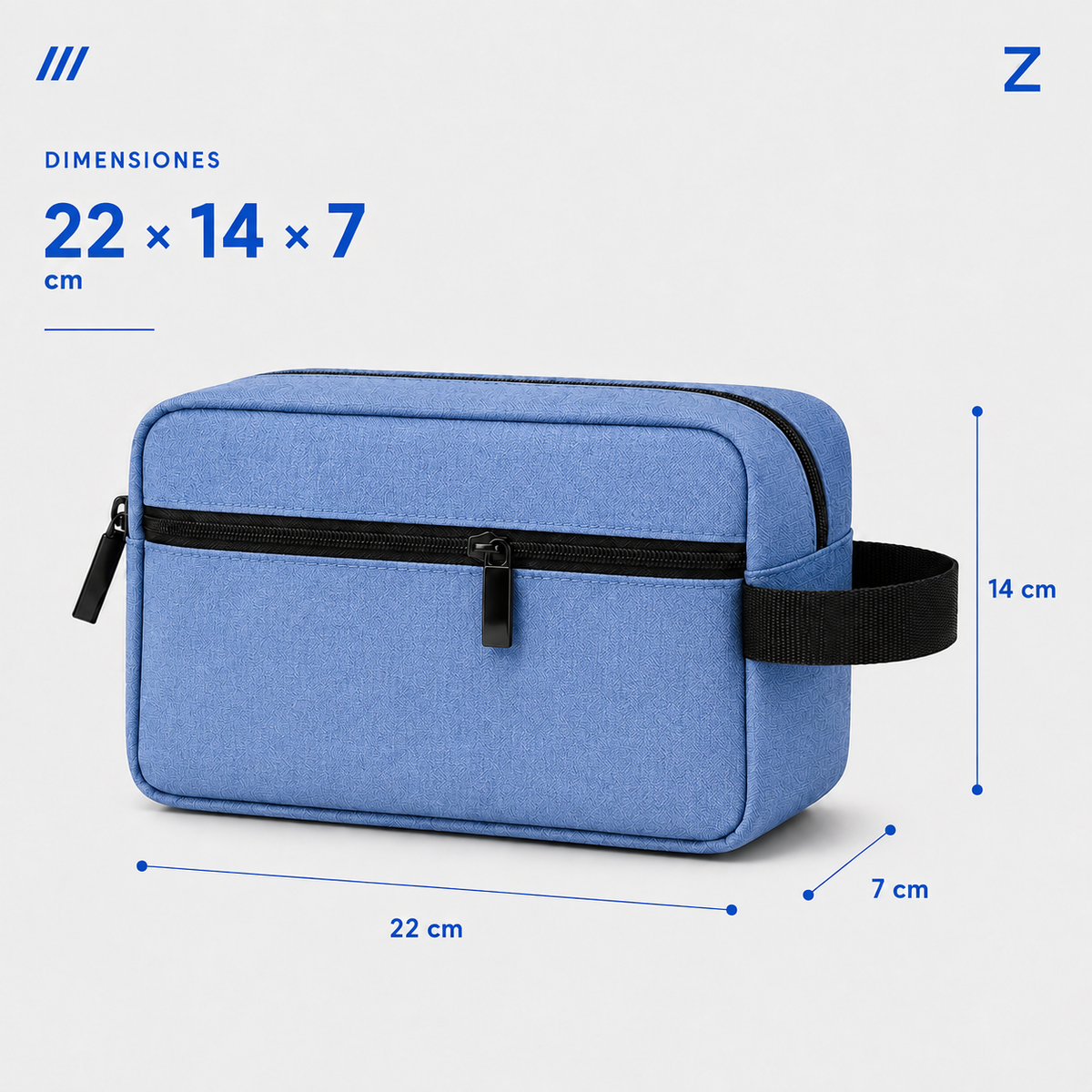 Azul · Medidas del neceser de viaje ZAIROA: 22 × 14 × 7 cm