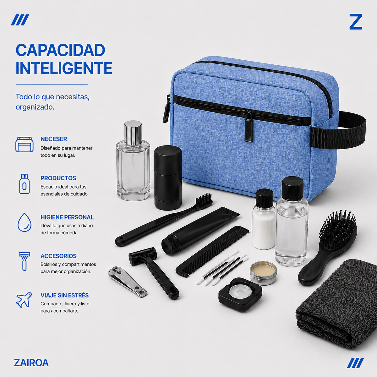 Azul · Capacidad del neceser de viaje ZAIROA: artículos de higiene personal, accesorios y toalla