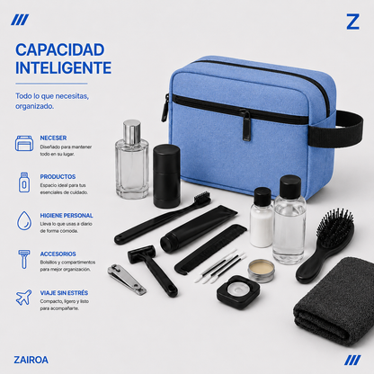 Azul · Capacidad del neceser de viaje ZAIROA: artículos de higiene personal, accesorios y toalla