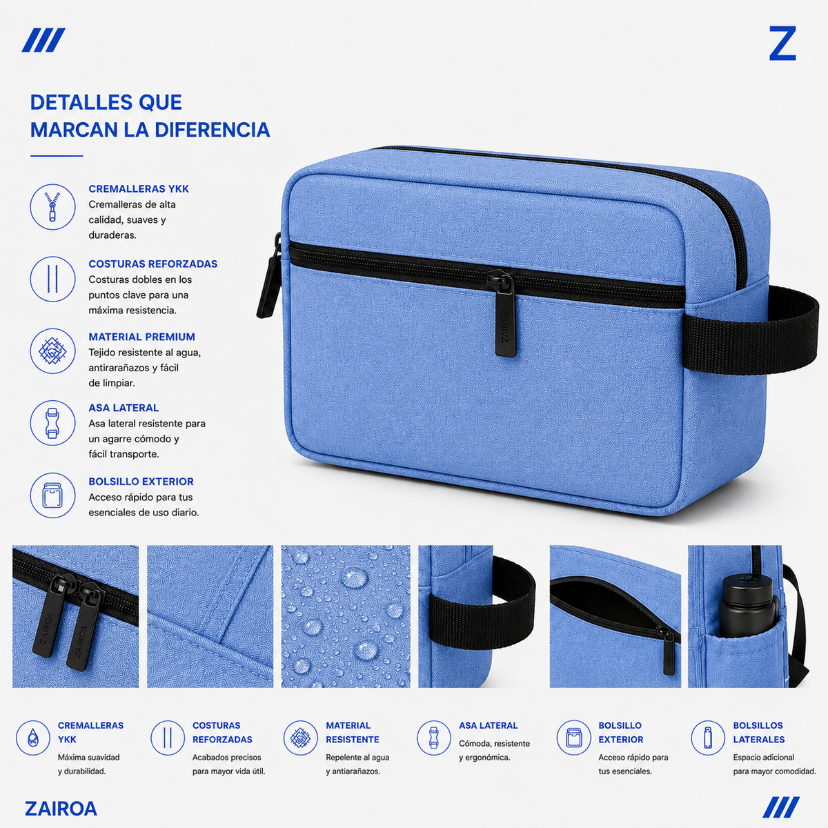 Azul · Detalles del neceser de viaje ZAIROA: cremalleras YKK, costuras reforzadas, tejido resistente al agua, asa lateral y bolsillo exterior