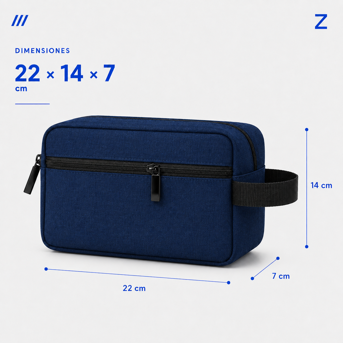 Azul oscuro · Medidas del neceser de viaje ZAIROA: 22 × 14 × 7 cm
