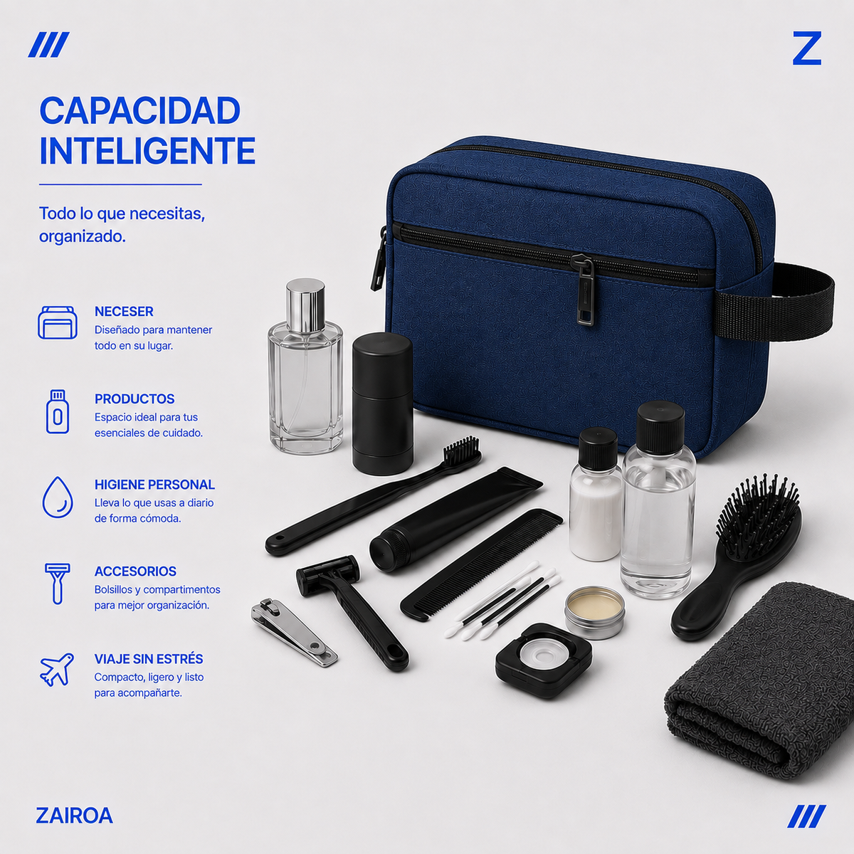 Azul oscuro · Capacidad del neceser de viaje ZAIROA: artículos de higiene personal, accesorios y toalla