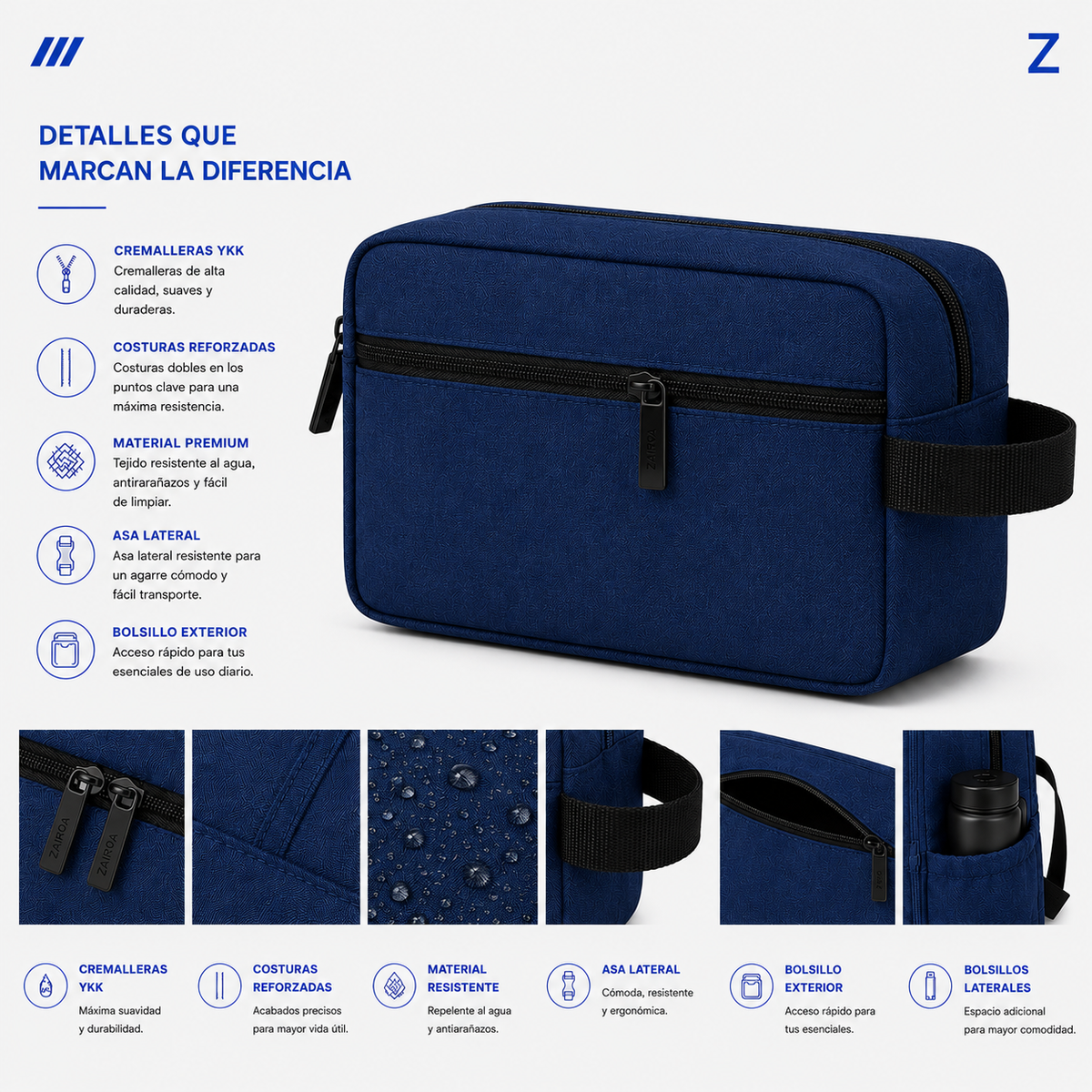 Azul oscuro · Detalles del neceser de viaje ZAIROA: cremalleras YKK, costuras reforzadas, tejido resistente al agua, asa lateral y bolsillo exterior