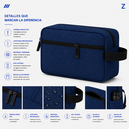 Azul oscuro · Detalles del neceser de viaje ZAIROA: cremalleras YKK, costuras reforzadas, tejido resistente al agua, asa lateral y bolsillo exterior