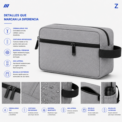 Gris · Detalles del neceser de viaje ZAIROA: cremalleras YKK, costuras reforzadas, tejido resistente al agua, asa lateral y bolsillo exterior