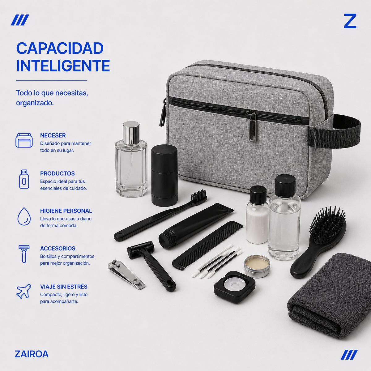 Gris · Capacidad del neceser de viaje ZAIROA: artículos de higiene personal, accesorios y toalla