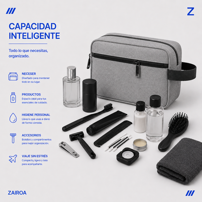 Gris · Capacidad del neceser de viaje ZAIROA: artículos de higiene personal, accesorios y toalla