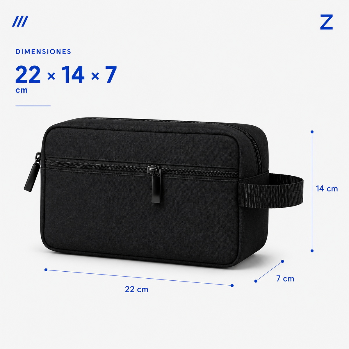 Negro · Medidas del neceser de viaje ZAIROA: 22 × 14 × 7 cm