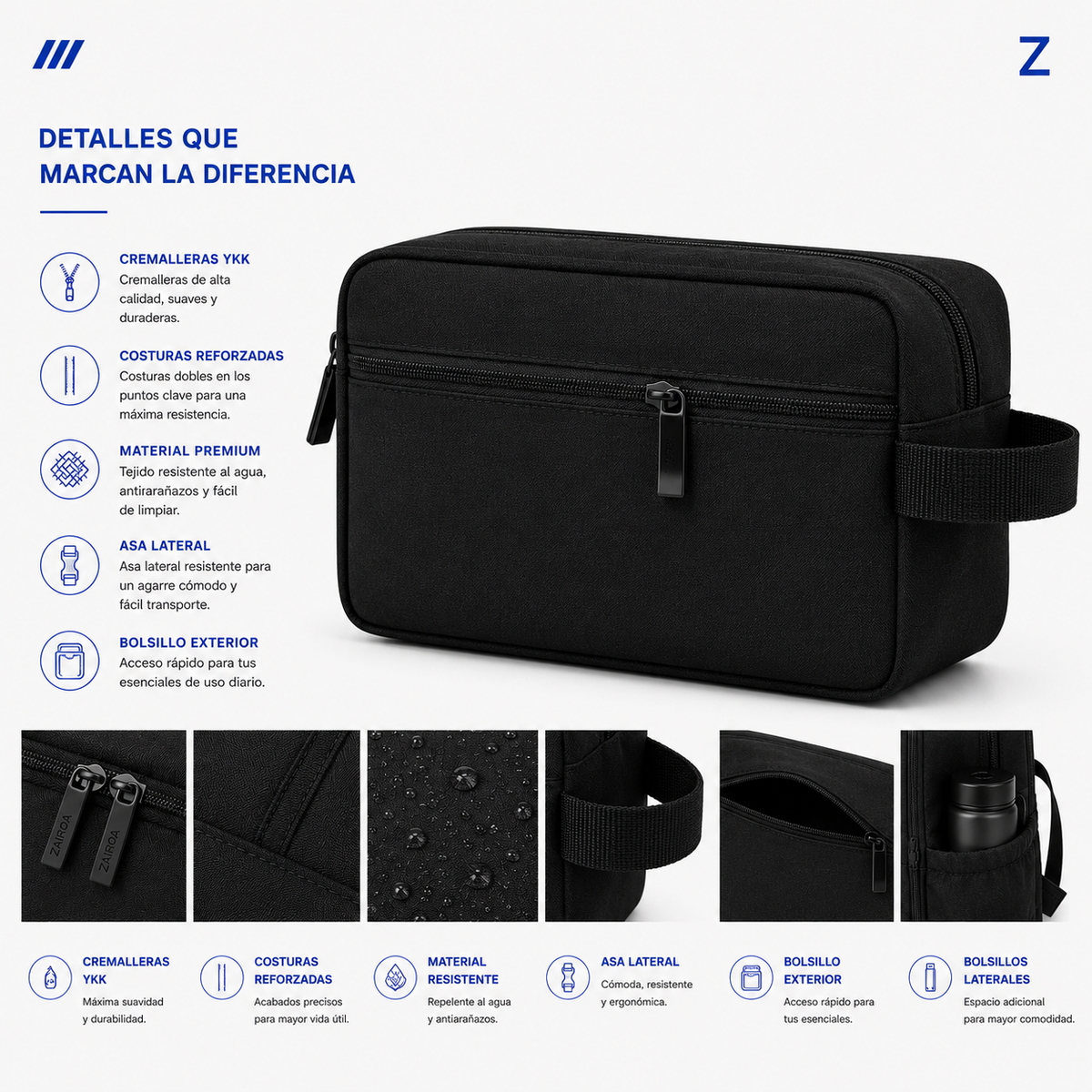 Negro · Detalles del neceser de viaje ZAIROA: cremalleras YKK, costuras reforzadas, tejido resistente al agua, asa lateral y bolsillo exterior