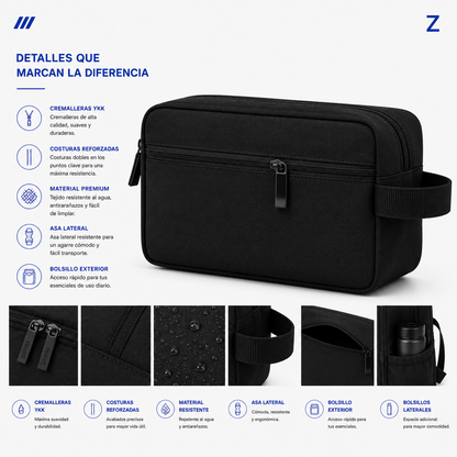 Negro · Detalles del neceser de viaje ZAIROA: cremalleras YKK, costuras reforzadas, tejido resistente al agua, asa lateral y bolsillo exterior