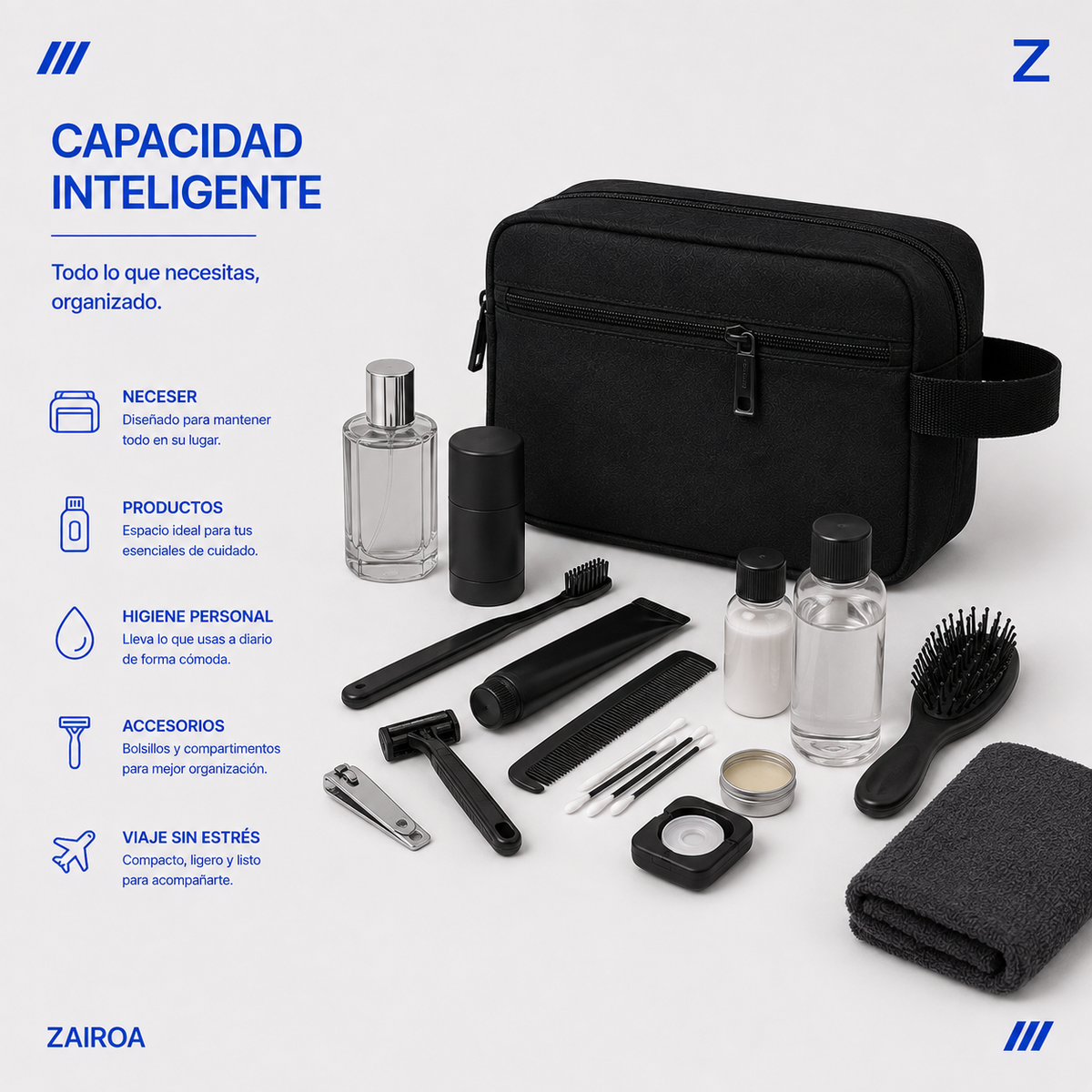 Negro · Capacidad del neceser de viaje ZAIROA: artículos de higiene personal, accesorios y toalla