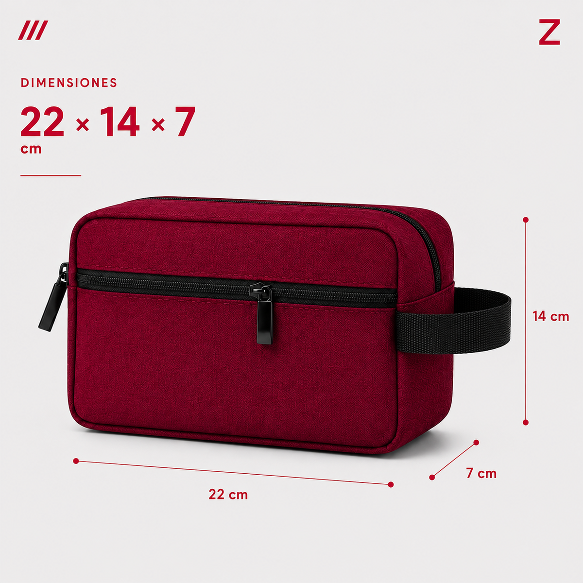 Rojo · Medidas del neceser de viaje ZAIROA: 22 × 14 × 7 cm