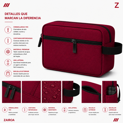 Rojo · Detalles del neceser de viaje ZAIROA: cremalleras YKK, costuras reforzadas, tejido resistente al agua, asa lateral y bolsillo exterior
